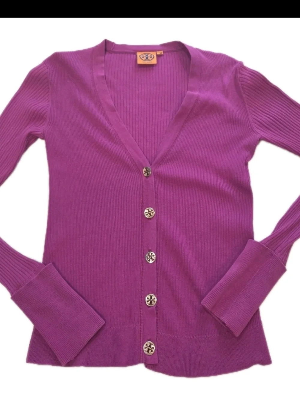 Tory Burch Simone Cotton Rib Knit Cardigan Fuschia Pink Logo Buttons Size XS